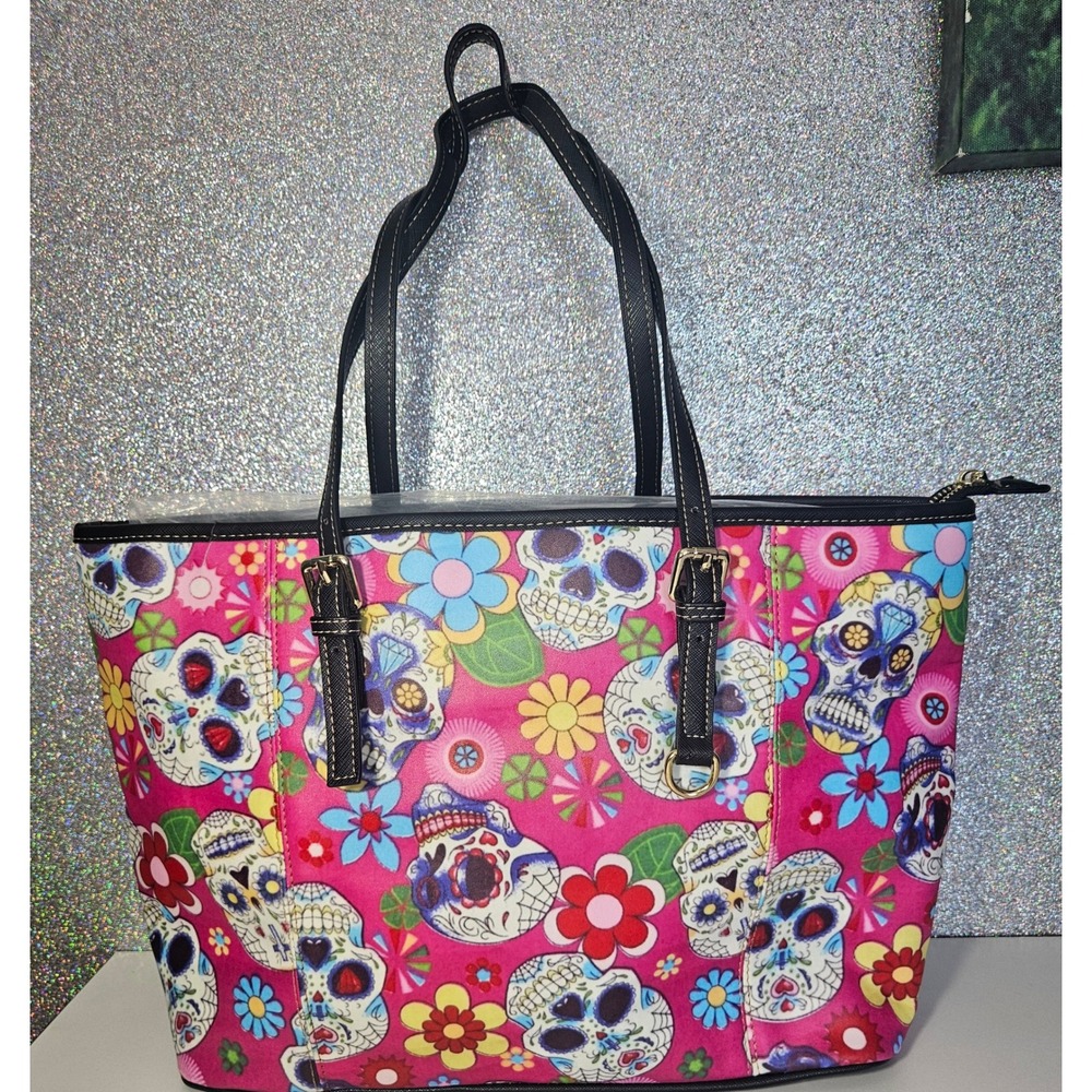 Sugar Skull‎ Pink Multicolor Floral Tote Bag Matching Coin Purse Vegan NWOT